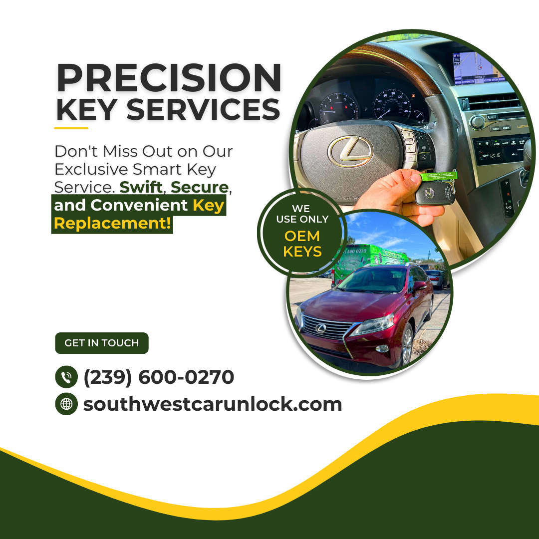 Image displaying a locksmith's contact information for Precision Key Services, including phone number (239) 600-0270 and website southwestcarunlock.com, with a focus on 2013 Lexus RX350.