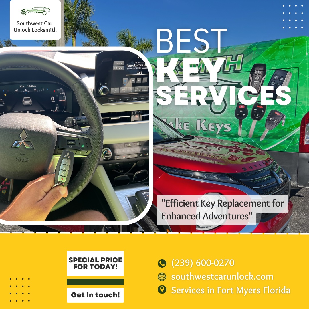 Locksmith in action inside a car with Southwest Car Unlock branding, showcasing key replacement tools and services.