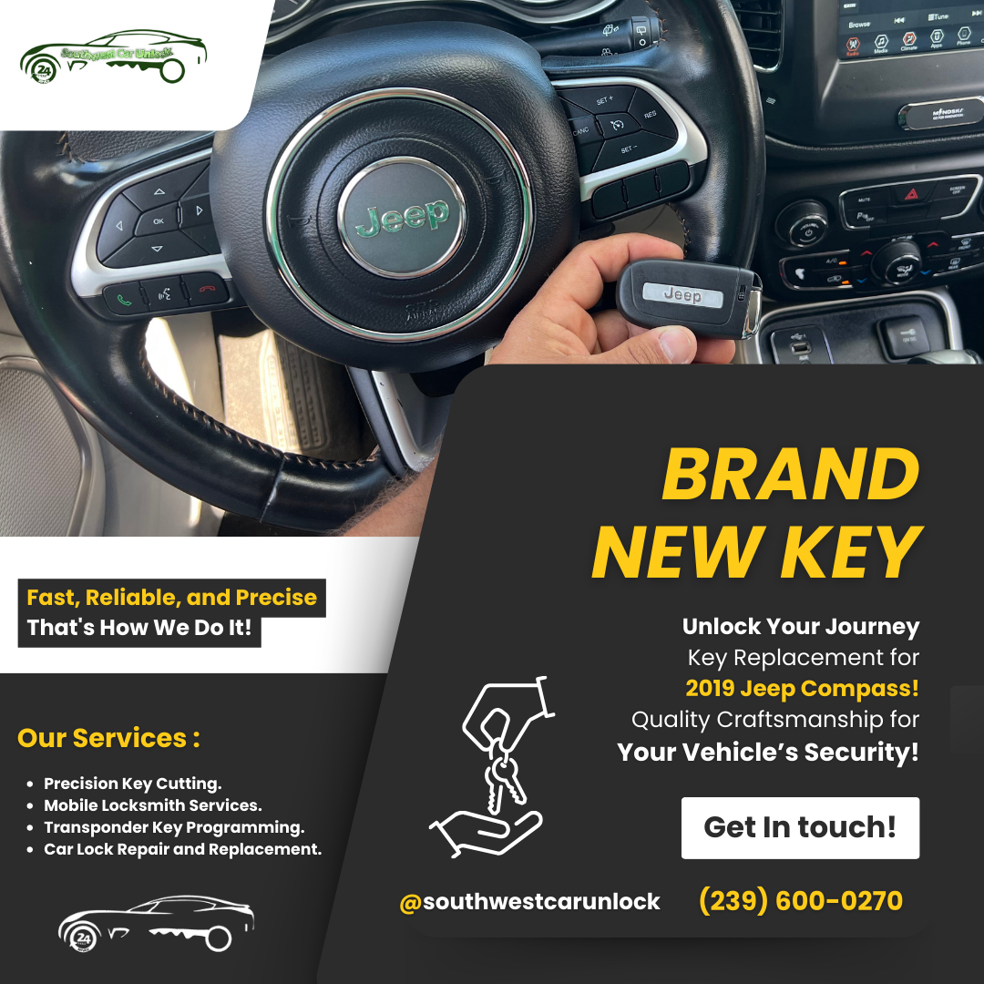 Steering wheel and key fob of 2019 Jeep Compass with Southwest Car Unlock branding and service details.