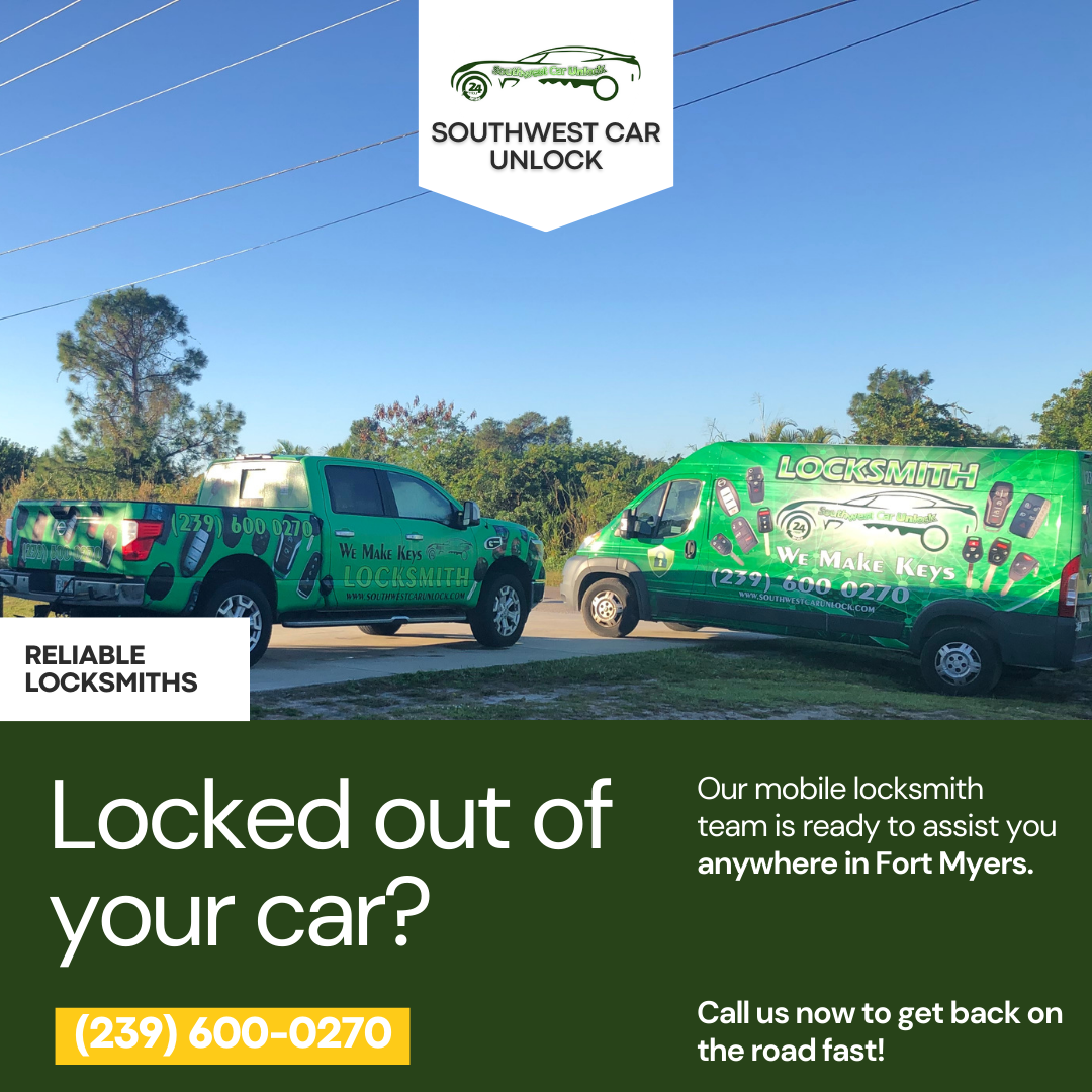 Two green Southwest Car Unlock service vehicles parked outdoors with company branding and contact details.