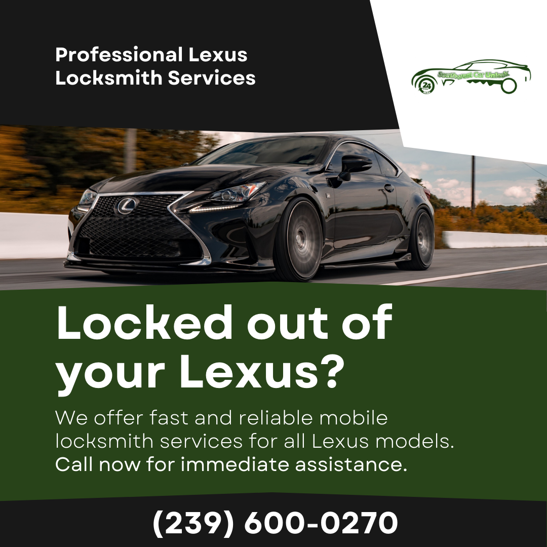 Lexus car on the road with Southwest Car Unlock logo, promoting professional locksmith services and contact number.