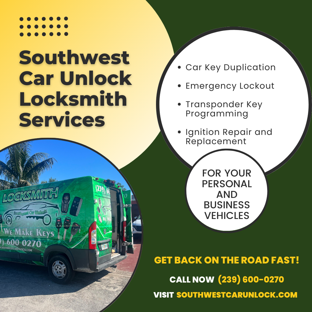 Southwest Car Unlock van parked beside a road, showcasing mobile locksmith services for car key duplication and emergency lockouts.