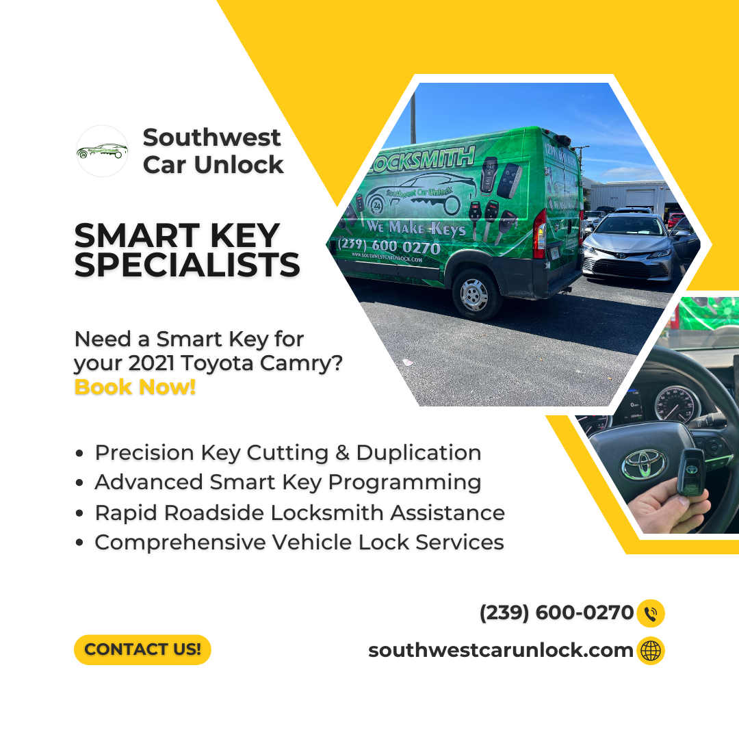 Southwest Car Unlock locksmith van showcasing services for Toyota Camry smart key cutting and programming.