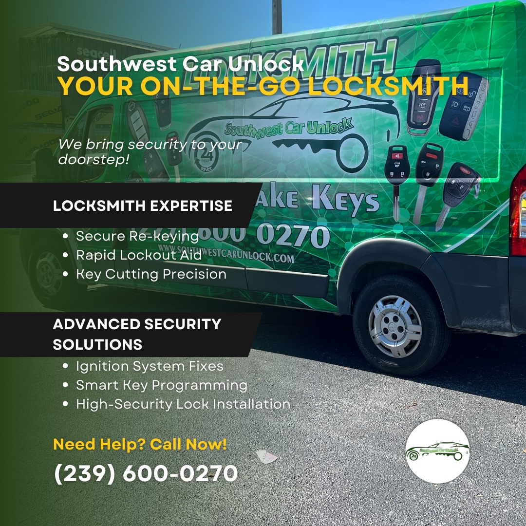Southwest Car Unlock's green locksmith service van equipped for rapid lockout aid and advanced key services in Fort Myers.