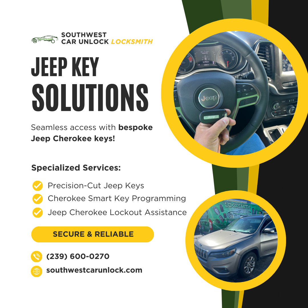 Locksmith programming a new smart key for a Jeep Cherokee, offered by Southwest Car Unlock.