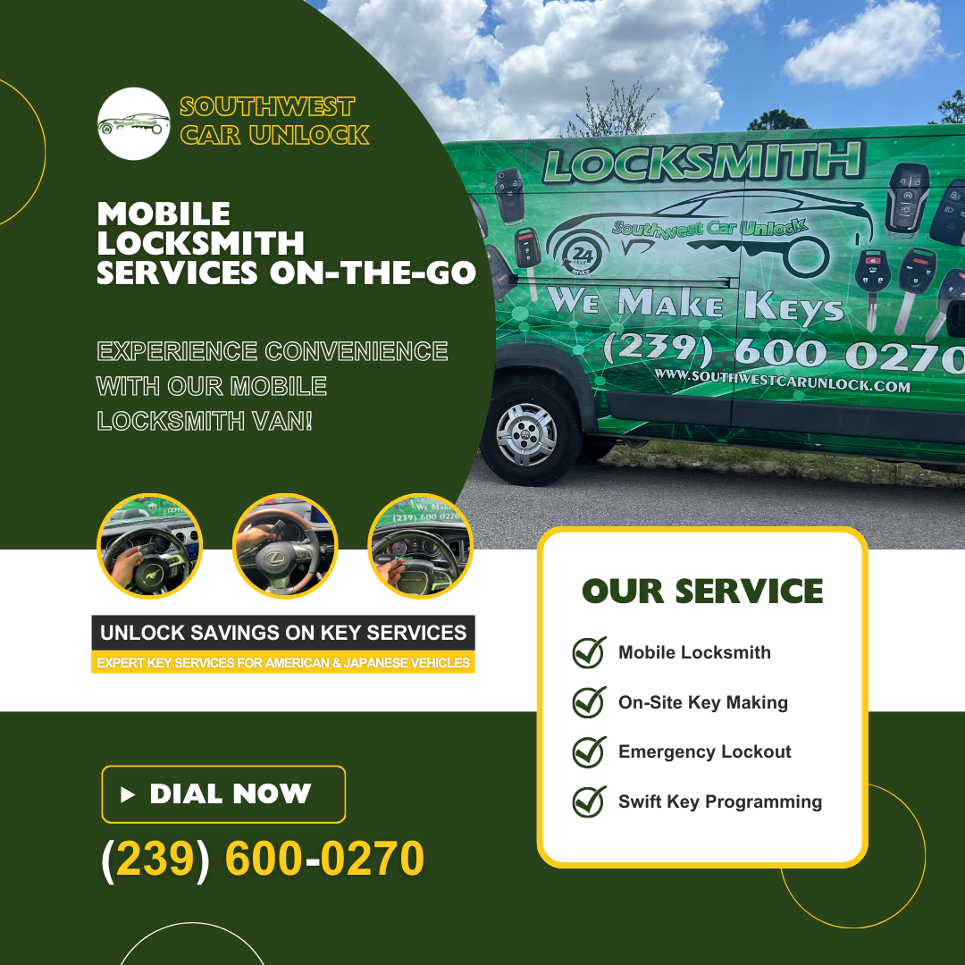 Southwest Car Unlock's mobile locksmith van featuring emergency lockout and key services for American and Japanese vehicles.