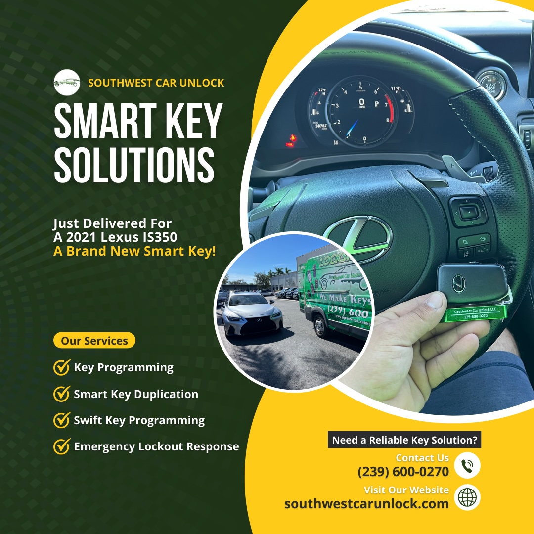 A new smart key provided for a 2021 Lexus IS350 by Southwest Car Unlock, showcasing key programming and duplication services.