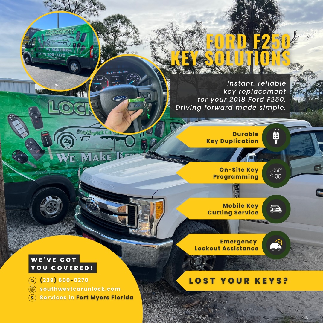 Southwest Car Unlock green locksmith truck providing on-site key programming and key cutting services for a 2018 Ford F250.