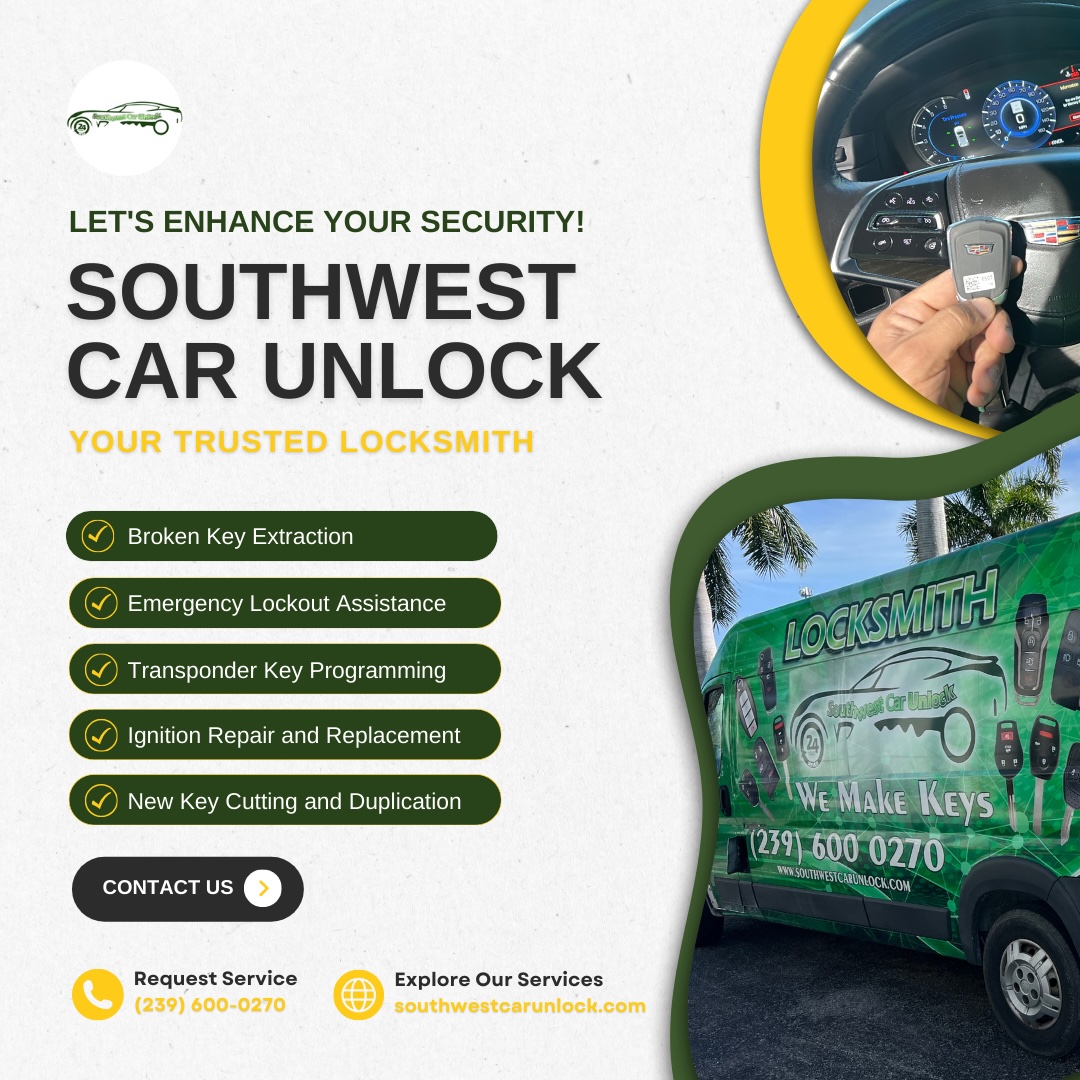 Southwest Car Unlock's mobile locksmith service vehicle alongside various specialized car locksmith tools and a car key in hand.