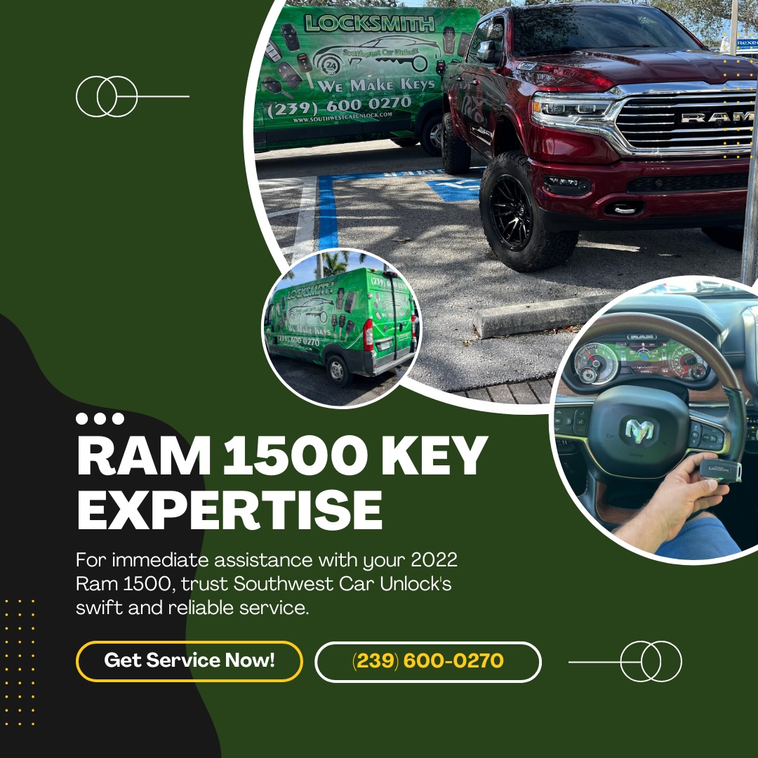     Southwest Car Unlock locksmith providing specialized key services  for RAM 1500 vehicles, featuring a green locksmith truck and a car key in hand.