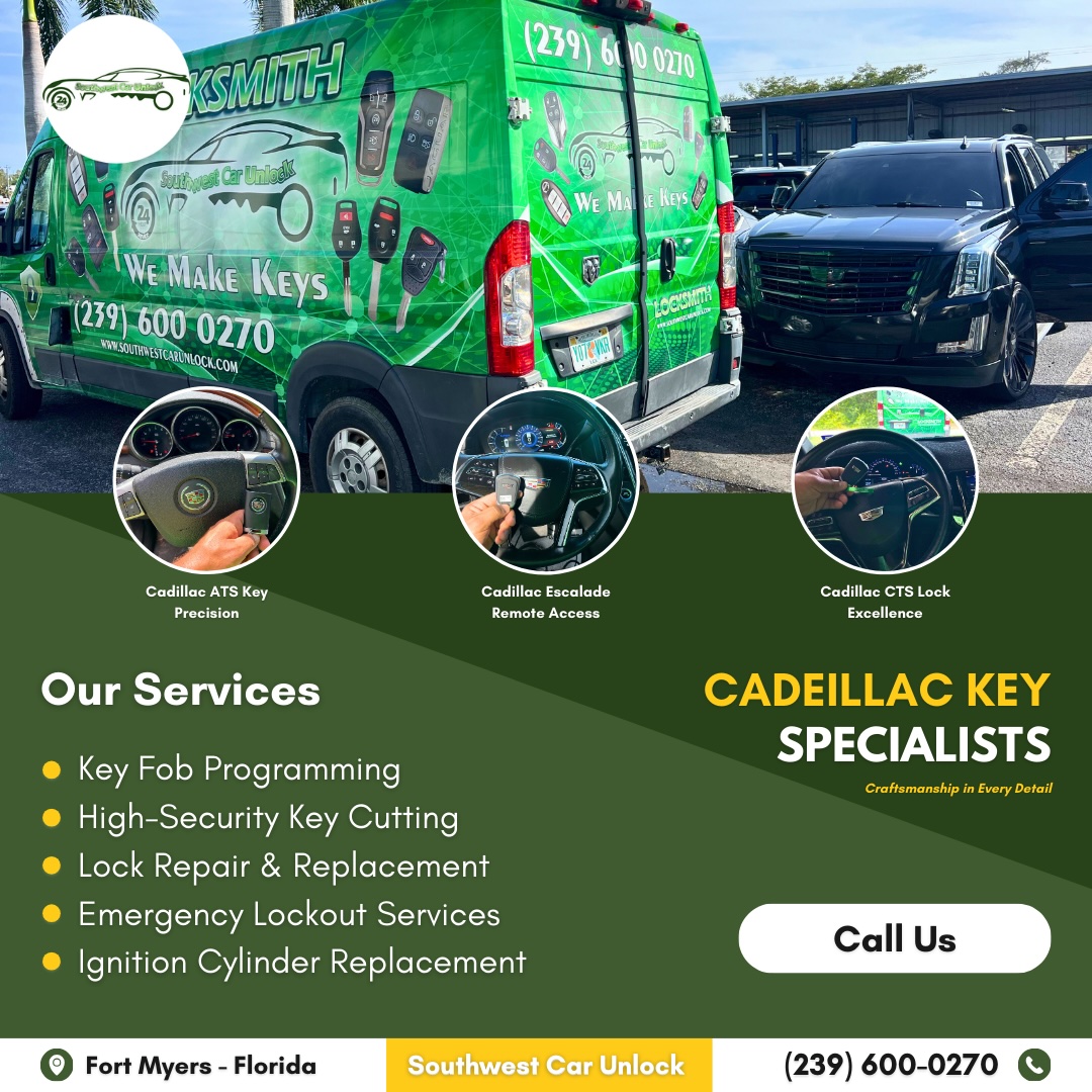 Southwest Car Unlock's green locksmith truck, showcasing services for Cadillac ATS, Escalade, and CTS models.