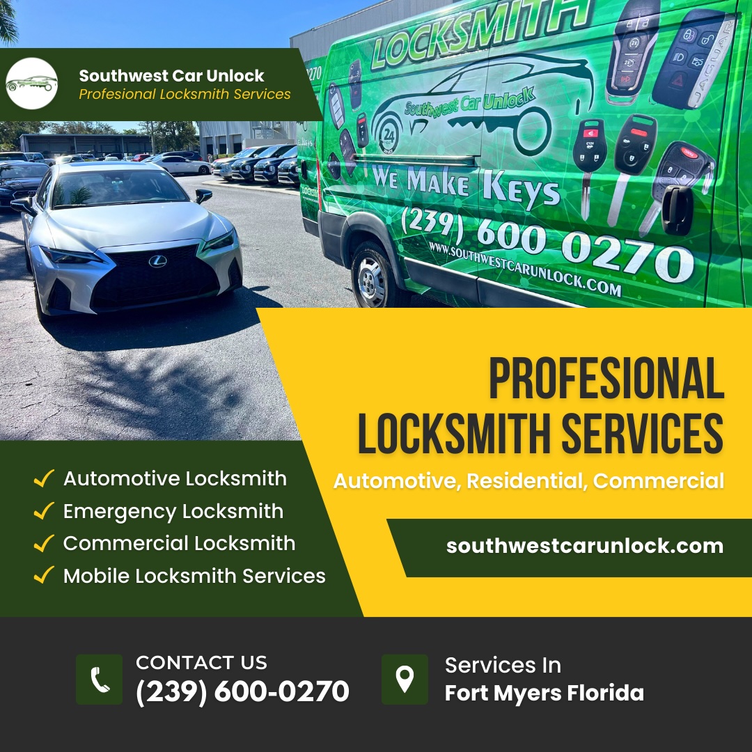 Southwest Car Unlock's green locksmith truck beside a Lexus vehicle, showcasing automotive locksmith services in Fort Myers, Florida.