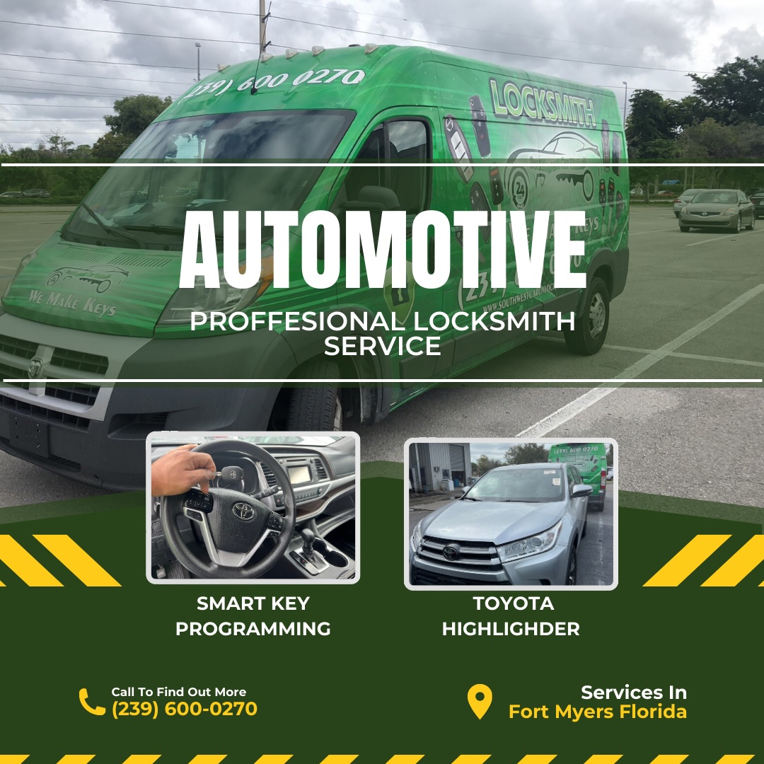Southwest Car Unlock green locksmith van offering automotive locksmith services including smart key programming and Toyota Highlander key services in Fort Myers, Florida.