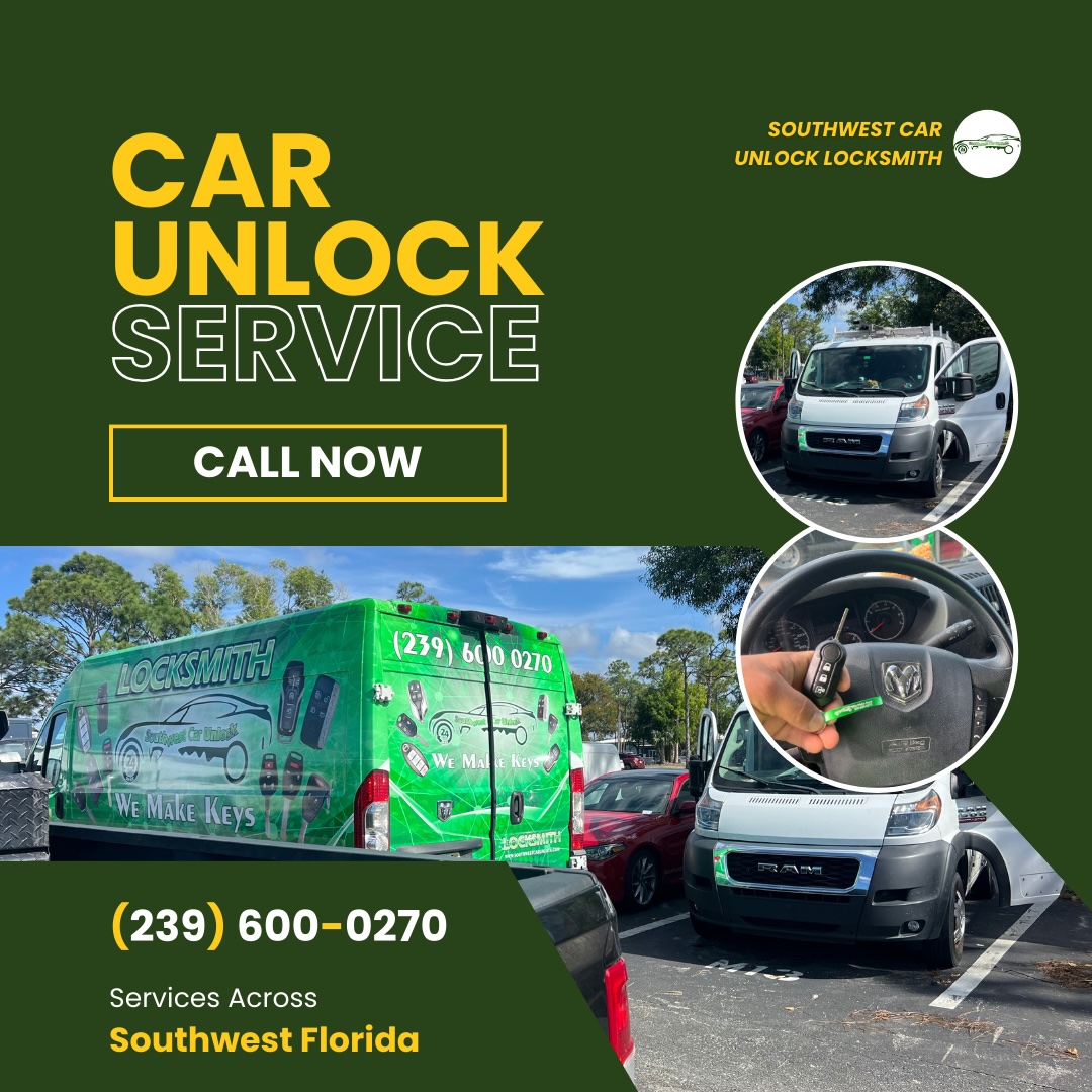 Southwest Car Unlock locksmith green van on site, with a professional unlocking a car in Southwest Florida.
