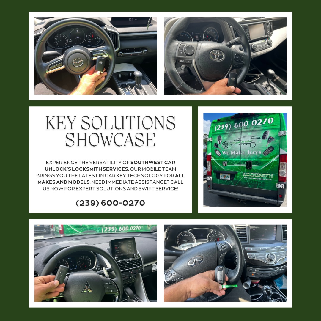 Collage of Southwest Car Unlock services, featuring key programming and locksmith expertise for diverse car models.