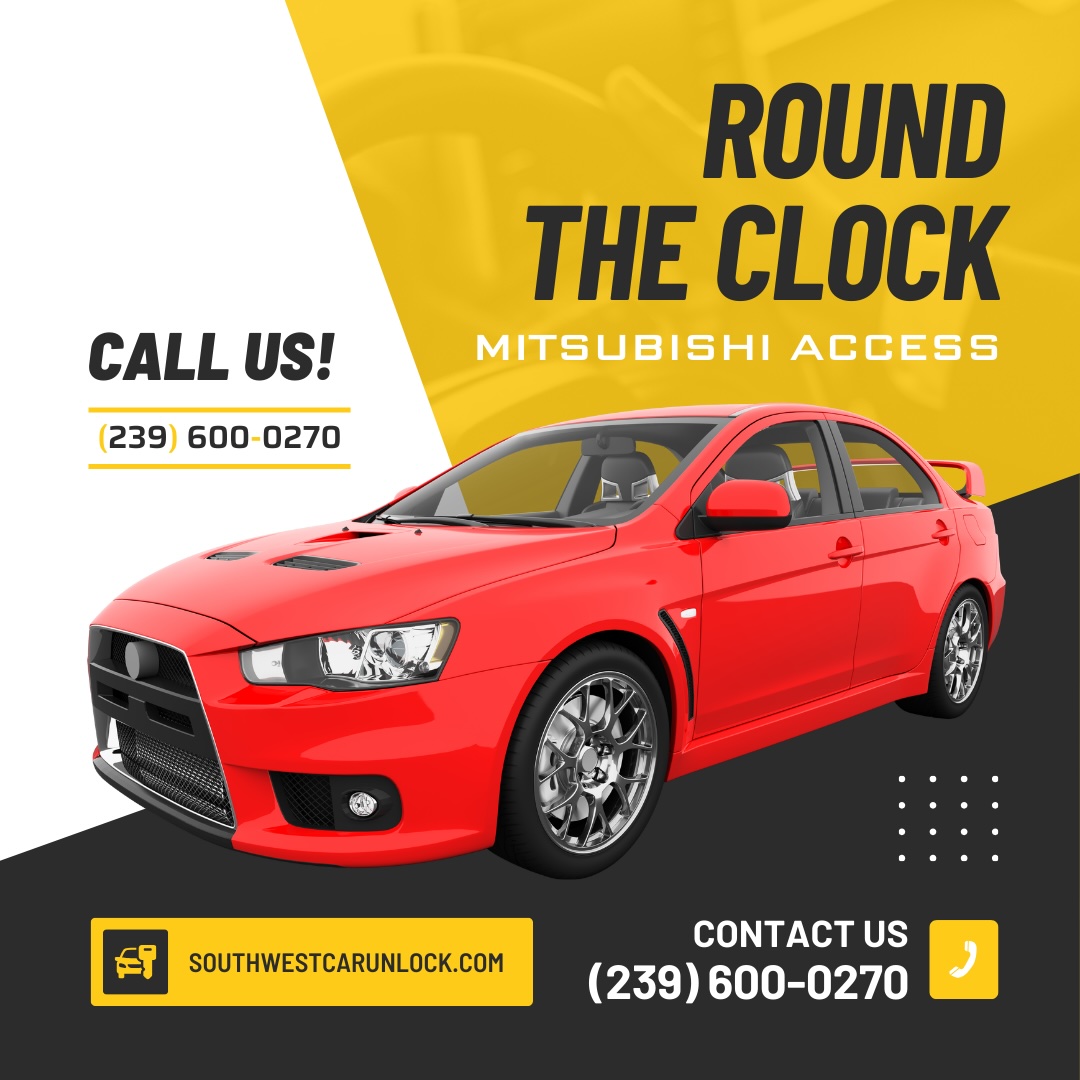 Red Mitsubishi car with the Southwest Car Unlock branding, offering 24/7 locksmith services with contact information.