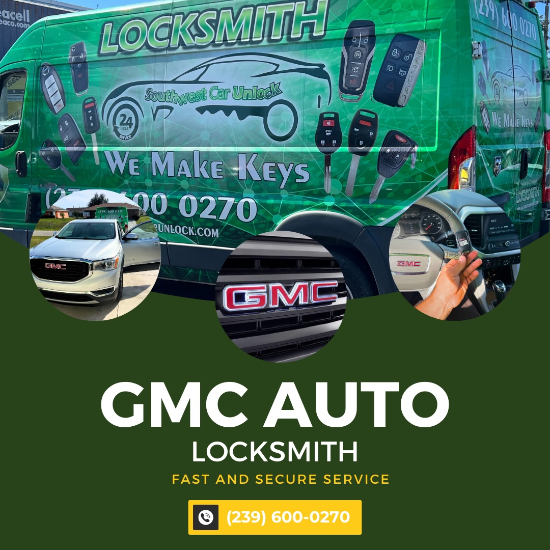 Southwest Car Unlock's green locksmith van showcasing GMC key replacement services with a contact number for quick service.