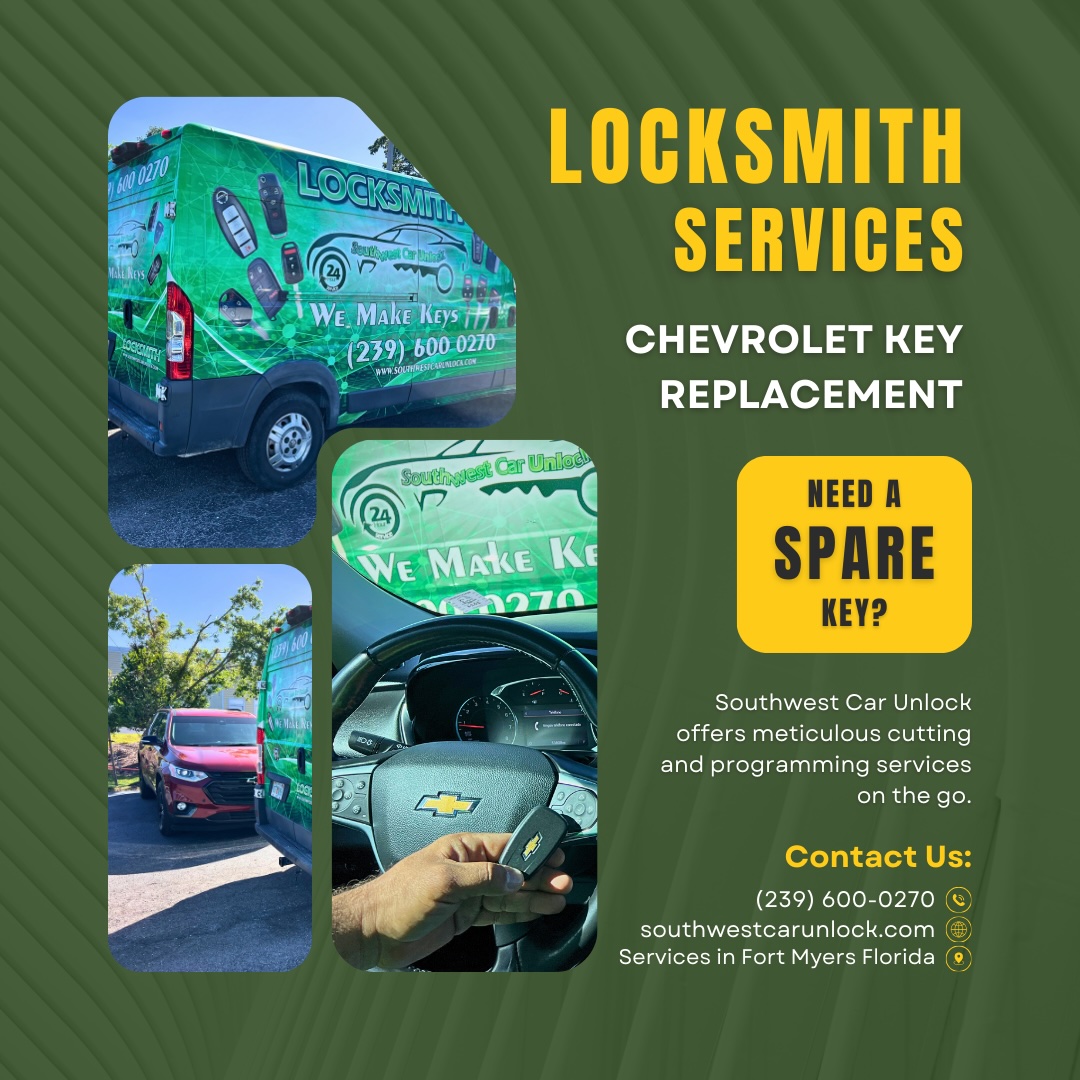 Green Southwest Car Unlock van ready to provide Chevrolet key services in Fort Myers, Florida.