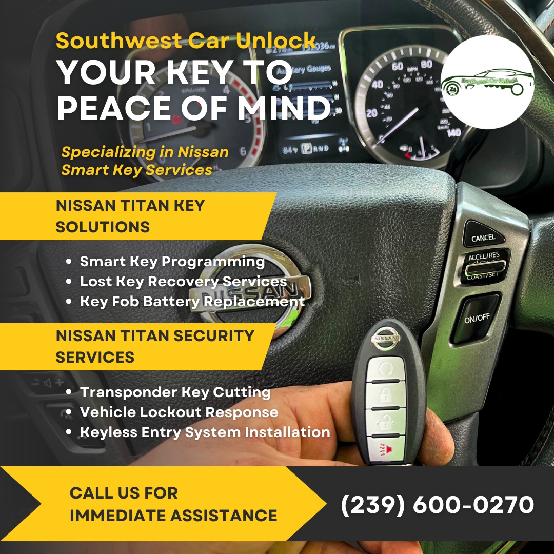 Southwest Car Unlock's green locksmith truck, offering Nissan Titan smart key programming and security services.