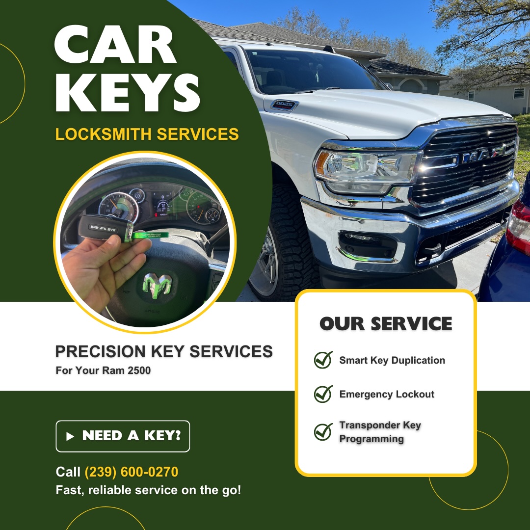 Southwest Car Unlock locksmith services for Ram 2500, showing a smart key and the vehicle in the background.