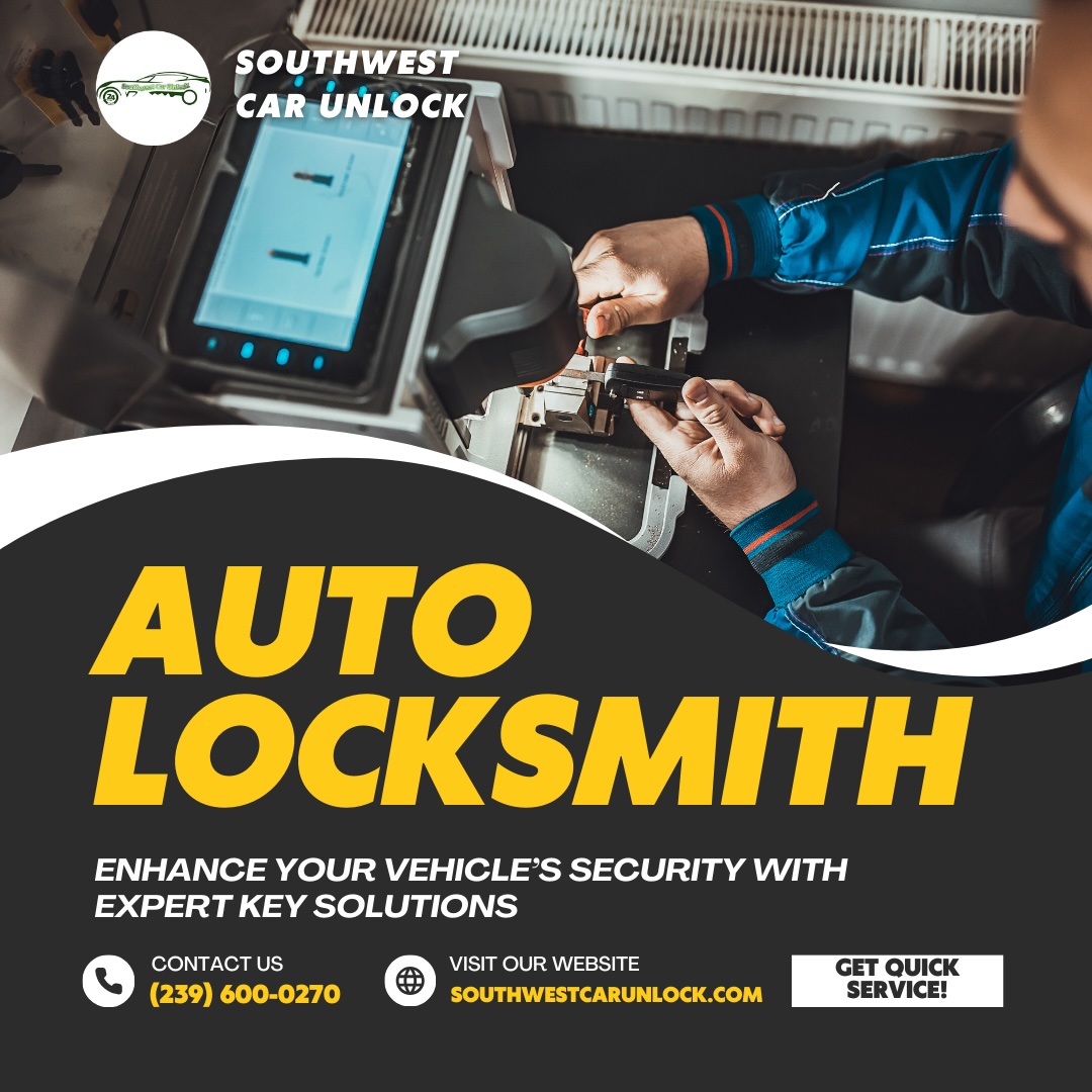 A skilled locksmith from Southwest Car Unlock programs a car key, highlighting the expert auto locksmith services in Fort Myers, FL.