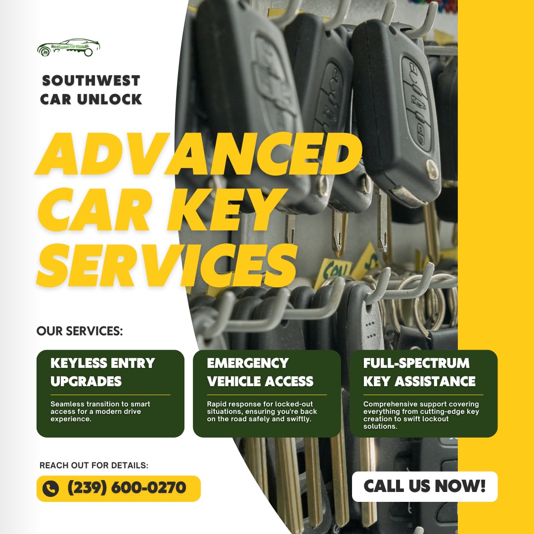 Southwest Car Unlock's array of car keys and locksmith tools, highlighting keyless entry upgrades, emergency vehicle access, and full-spectrum key assistance.