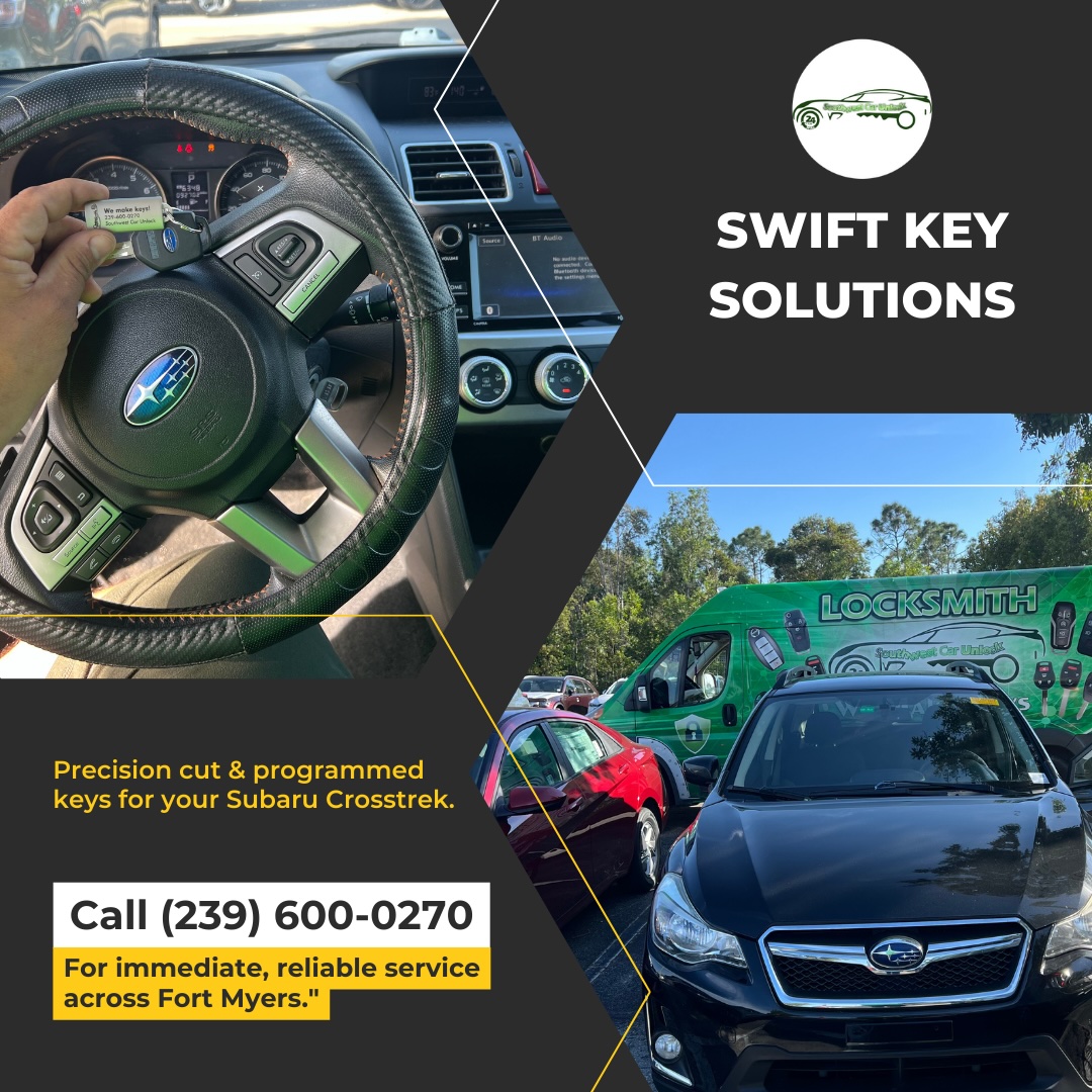 Mobile locksmith cutting and programming new car key for Subaru Crosstrek in Fort Myers, contact (239) 600-0270 for service.