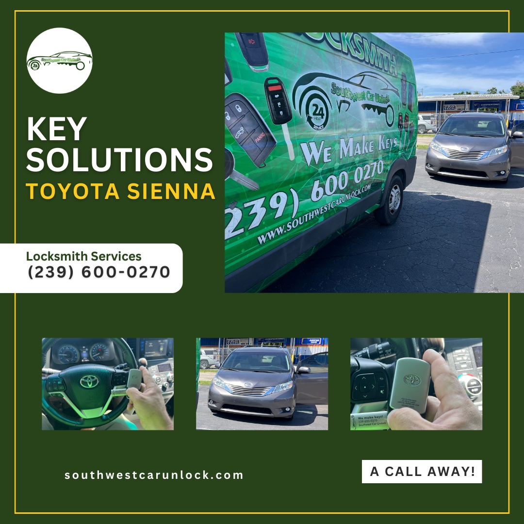 Southwest Car Unlock's green truck, showcasing various keys and remote services for a Toyota Sienna, ready to serve in Fort Myers, Florida.