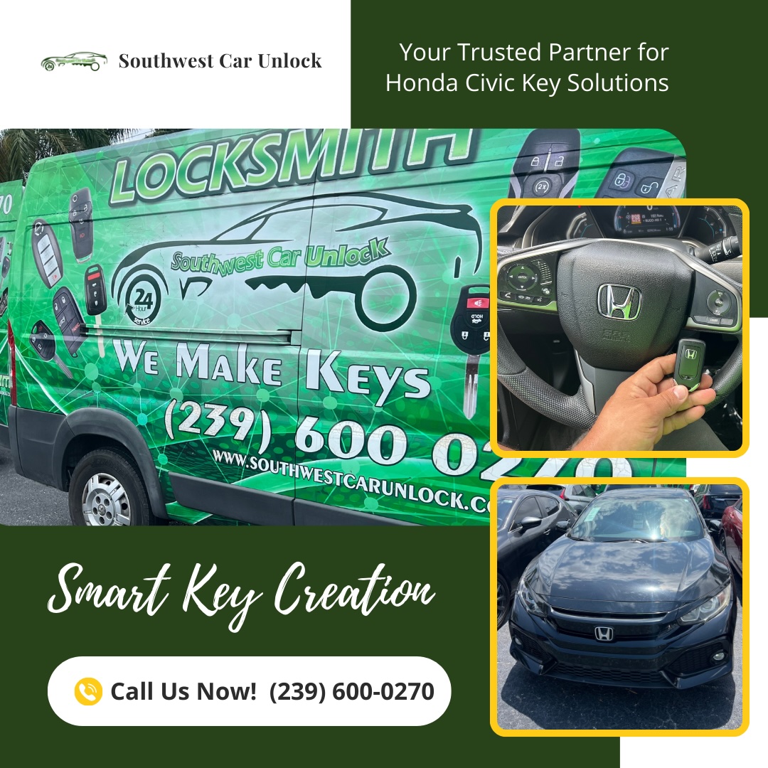 Southwest Car Unlock van showcasing their contact information and a newly crafted smart key for a Honda Civic.