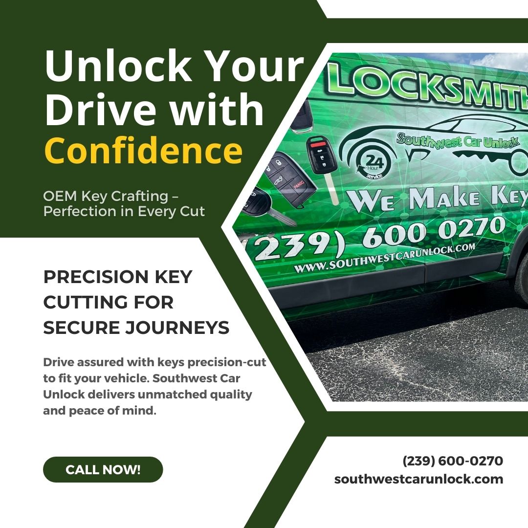 Southwest Car Unlock provides OEM key crafting, ensuring perfect key cuts for secure journeys. Call (239) 600-0270 for service.