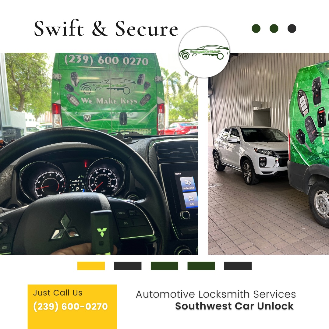 Southwest Car Unlock's green locksmith truck in Fort Myers, providing fast and secure automotive key solutions.