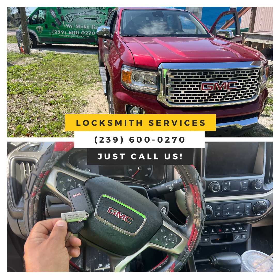 Southwest Car Unlock's locksmith service truck and a crafted key for a GMC vehicle, highlighting the contact number (239) 600-0270.