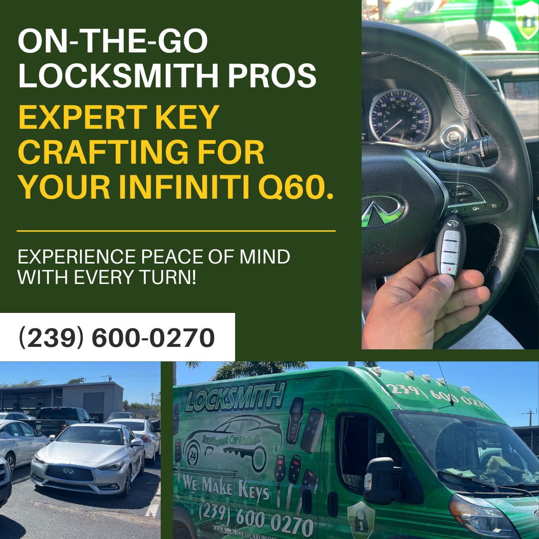Southwest Car Unlock's professional locksmith crafting a new key for Infiniti Q60, highlighting rapid and reliable service.
