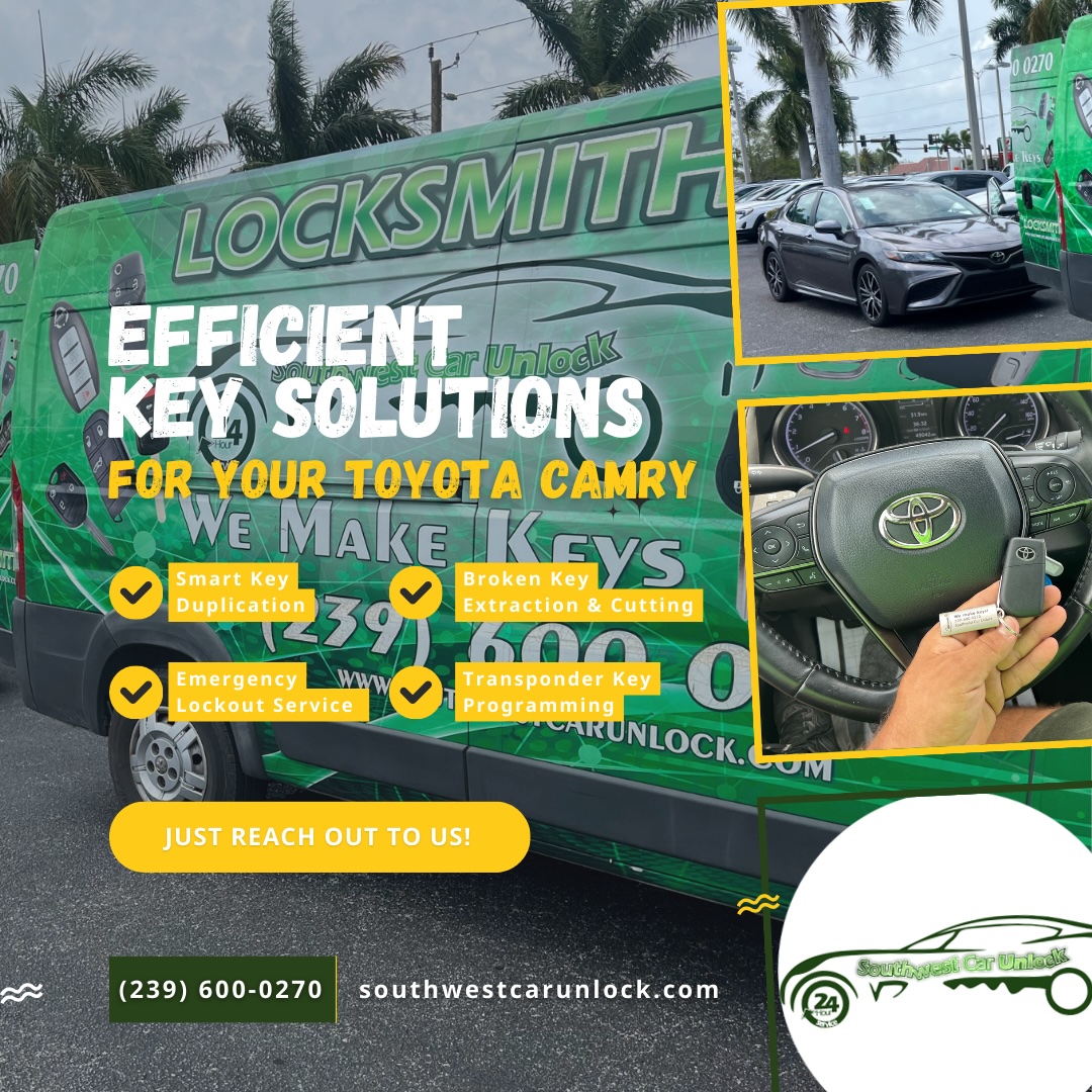 Southwest Car Unlock green locksmith van, providing specialized Toyota Camry key services including smart key duplication, broken key extraction, emergency lockout, and transponder key programming.
