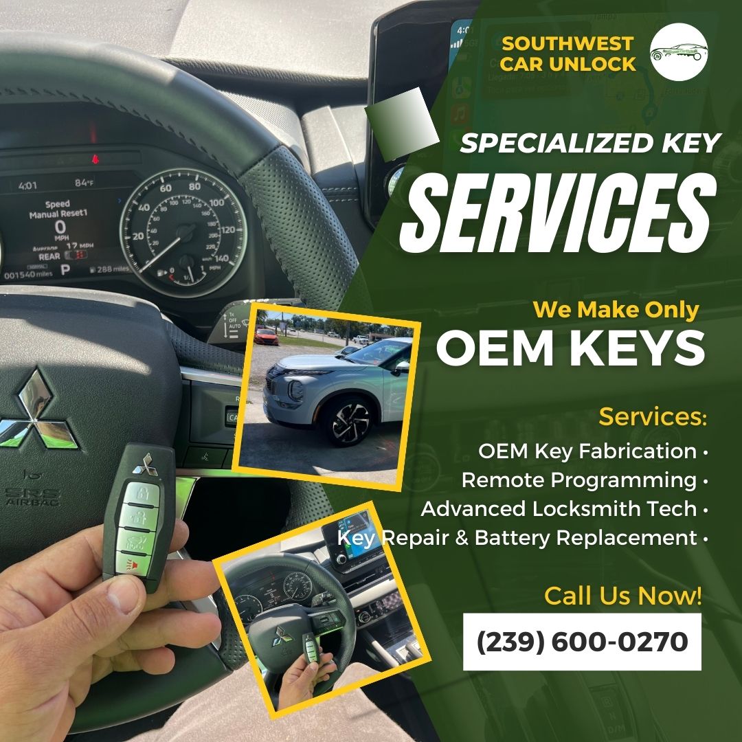 Southwest Car Unlock professional working on a 2024 Mitsubishi Outlander, providing OEM key fabrication and advanced locksmith services.