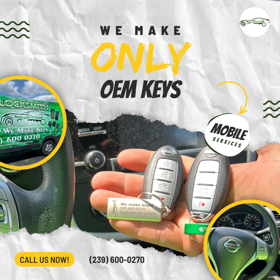 Southwest Car Unlock's mobile locksmith service providing OEM keys with a focus on quality and trust, highlighted by contact information (239) 600-0270.