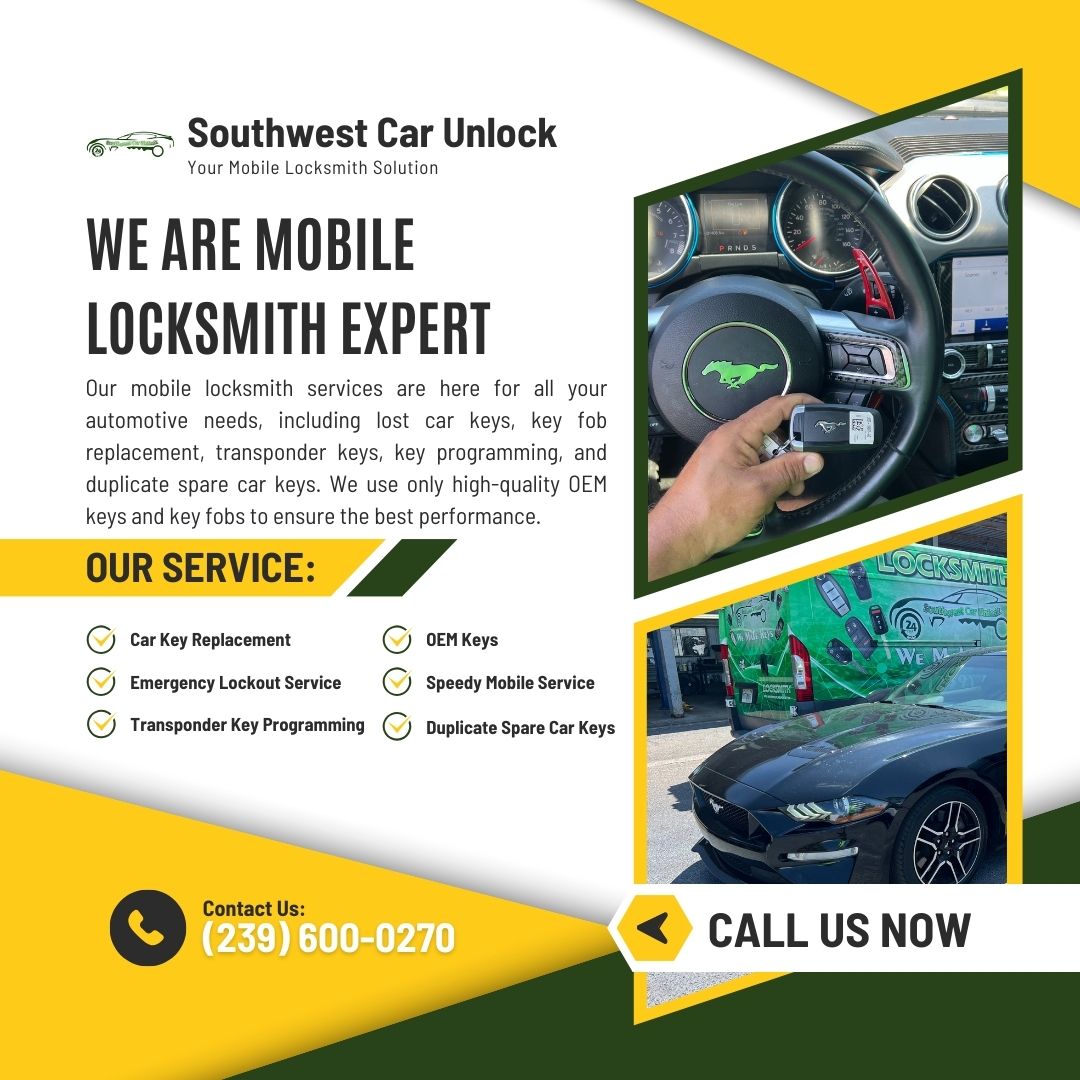 Southwest Car Unlock mobile locksmith truck and Ford Mustang key fob replacement service.