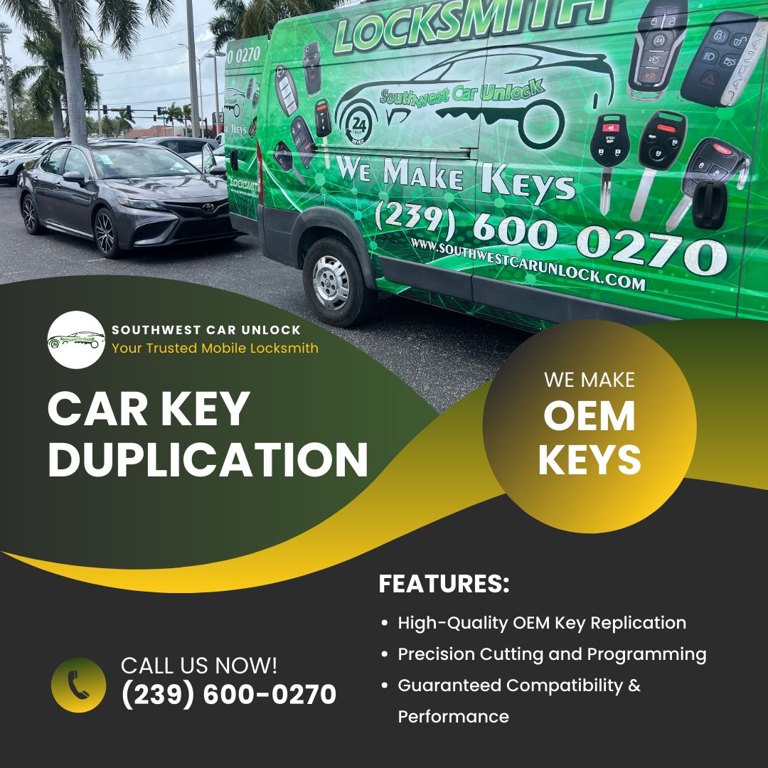 Green locksmith truck from Southwest Car Unlock in Fort Myers, offering car key duplication services.