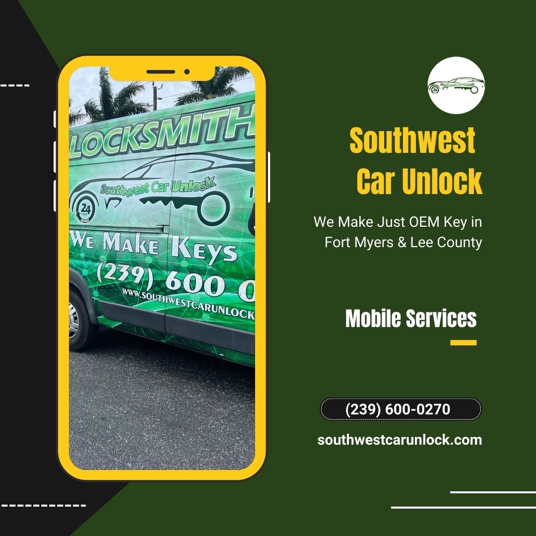 Green locksmith truck from Southwest Car Unlock providing mobile services in Fort Myers and Lee County.