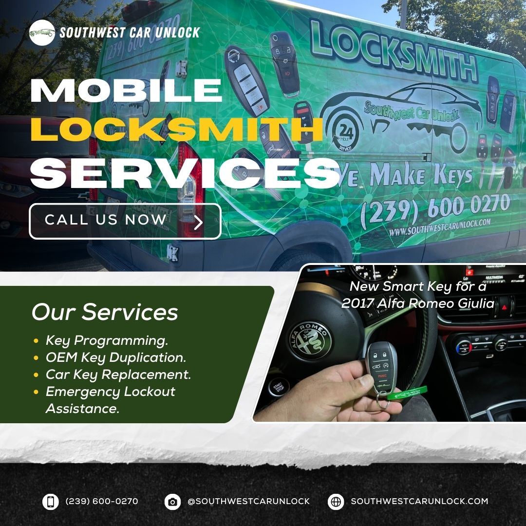 Green locksmith truck from Southwest Car Unlock providing mobile services, including a new smart key for a 2017 Alfa Romeo Giulia.