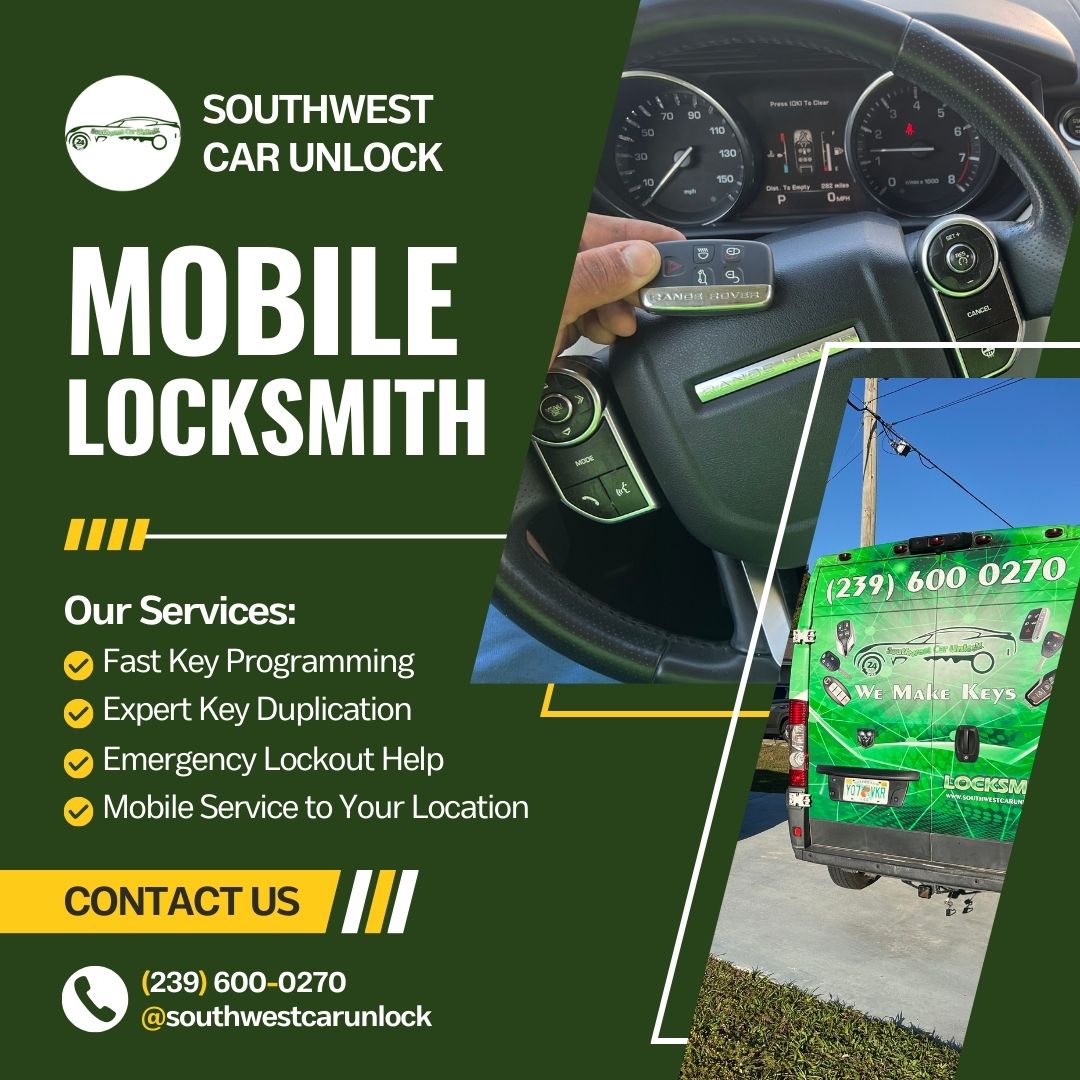 Green locksmith truck from Southwest Car Unlock providing mobile locksmith services in Fort Myers.