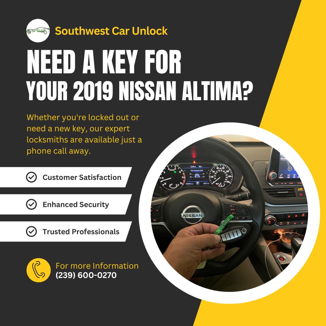 Southwest Car Unlock providing key services for a 2019 Nissan Altima with a green locksmith truck in Fort Myers and Lee County.