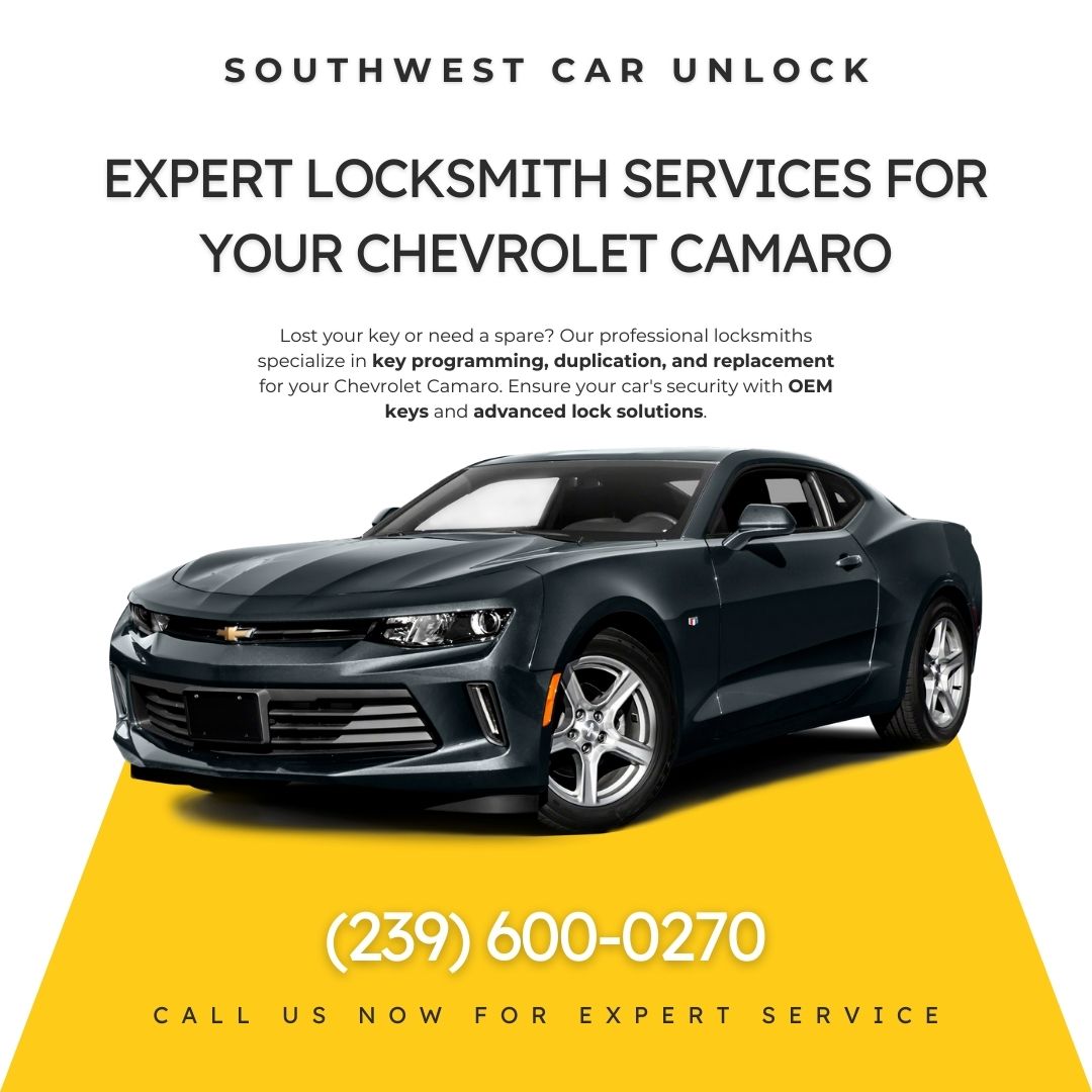 Southwest Car Unlock provides key programming, duplication, and replacement services for Chevrolet Camaro with a green locksmith truck in Fort Myers and Lee County.