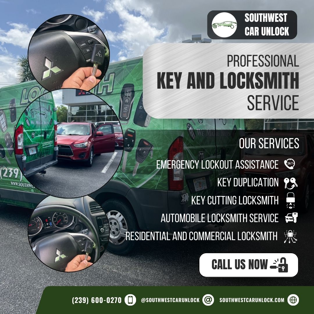 Southwest Car Unlock provides key duplication, key cutting, and locksmith services for Mitsubishi models with a green locksmith truck in Fort Myers and Lee County.