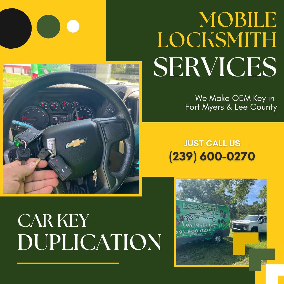 Southwest Car Unlock providing car key duplication services with a green locksmith truck in Fort Myers and Lee County.