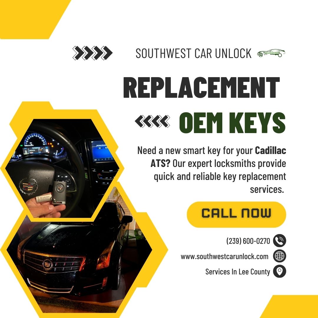 Southwest Car Unlock - Key replacement services for Cadillac ATS. Call 📞 (239) 600-0270.