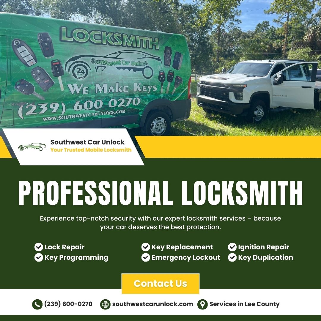 Green truck from Southwest Car Unlock providing locksmith services in Fort Myers and Lehigh Acres, Florida.