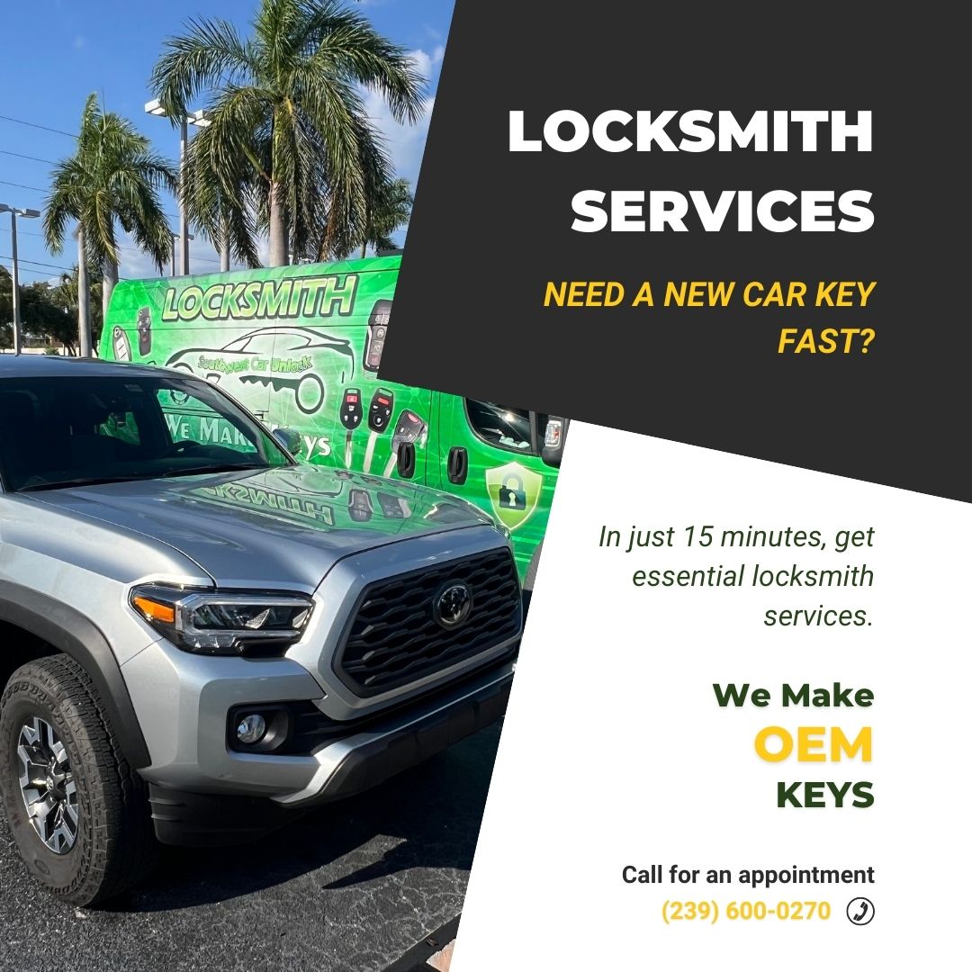 Southwest Car Unlock green truck providing fast car key replacement services in Fort Myers, FL.