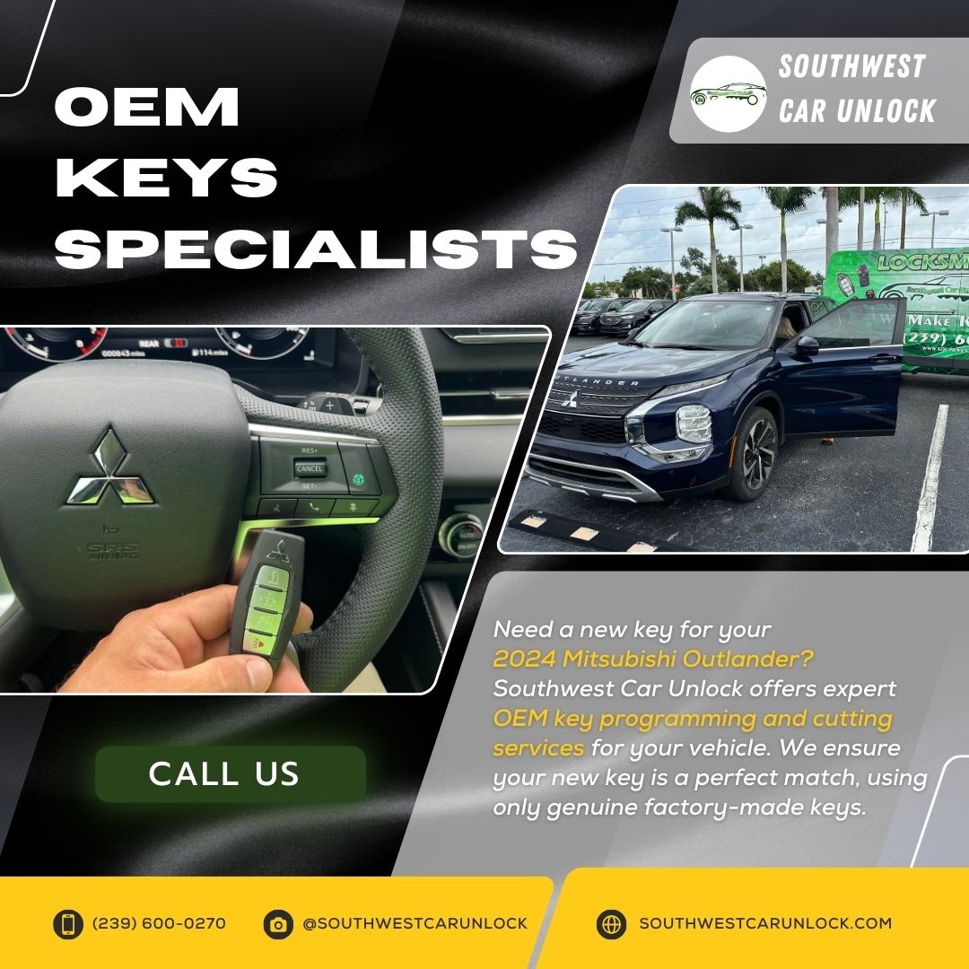  A photo showing a new OEM key for a 2024 Mitsubishi Outlander provided by Southwest Car Unlock.