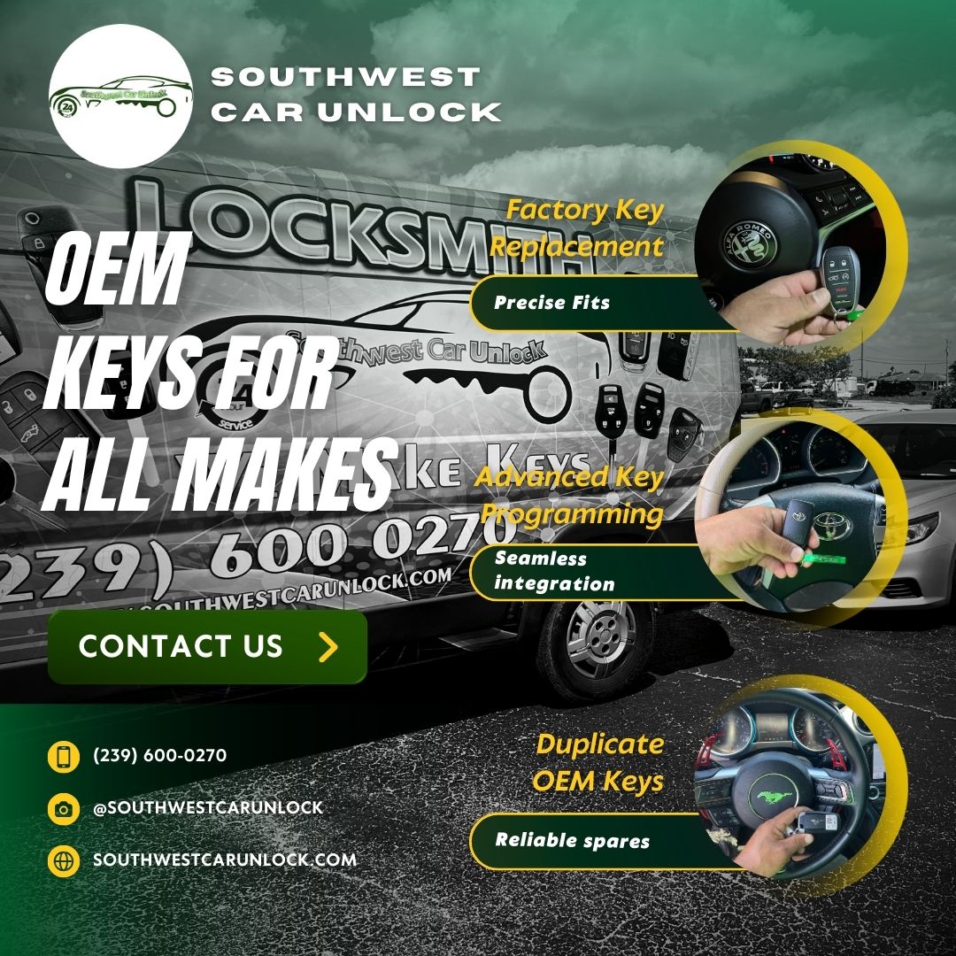 A photo showing Southwest Car Unlock’s mobile locksmith van and OEM key services for various car models.